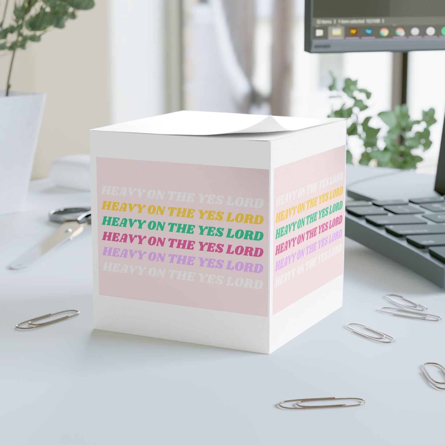 Inspirational Note Cube - Heavy on the Yes Lord, Desk Organizer, Gift for Students, Colorful Sticky Notes, Motivation Supplies